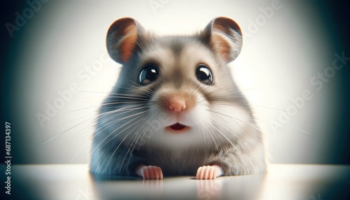 Photorealistic horizontal image of an extremely interested hamster. The hamster's eyes are wide open and focused, with its head tilted slightly, indicating curiosity. Its fur is sleek and attentive.