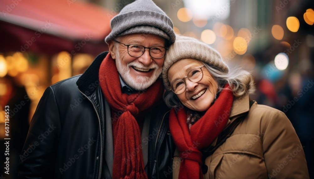 Photo of two old elderly happy people couple pensioner marriage friends lovers man woman wear coat red scarf headwear x-mas street
