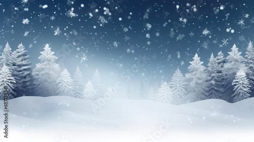 Winter background with snow and trees is a serene and wintry scene,Christmas background with xmas tree and sparkle bokeh lights, for holiday promotions, greeting cards, and winter-themed graphic © Planetz
