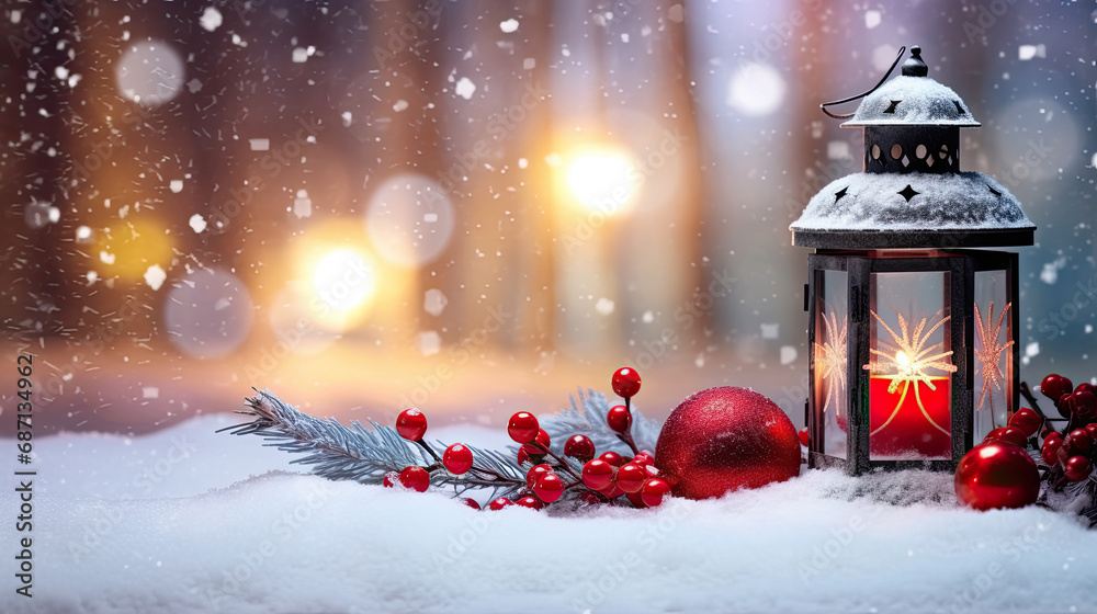 Fototapeta premium a lantern with a lit candle and a Christmas ornament placed in the snow. It's suitable for holiday-themed designs, greeting cards, and winter-themed promotions.. Winter Decoration,new year