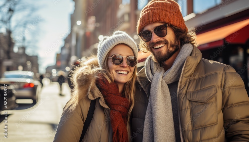 Cheerful happy young couple enjoying beautiful snowy day looking at camera and smiling, travelling during winter holidays concept