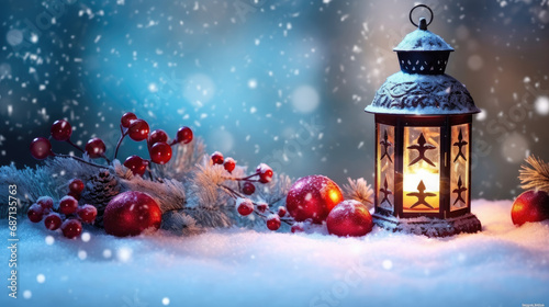 a lantern with a lit candle and a Christmas ornament placed in the snow. It s suitable for holiday-themed designs  greeting cards  and winter-themed promotions.. Winter Decoration new year