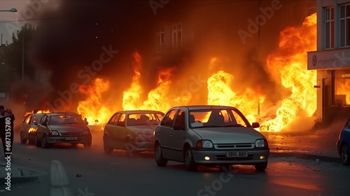 Urban inferno fire engulfs a small city, with burning cars, roads, and skyscrapers due to war or missile strike. Chaotic scene of city engulfed in flames and destruction of a large-scale urban fire.