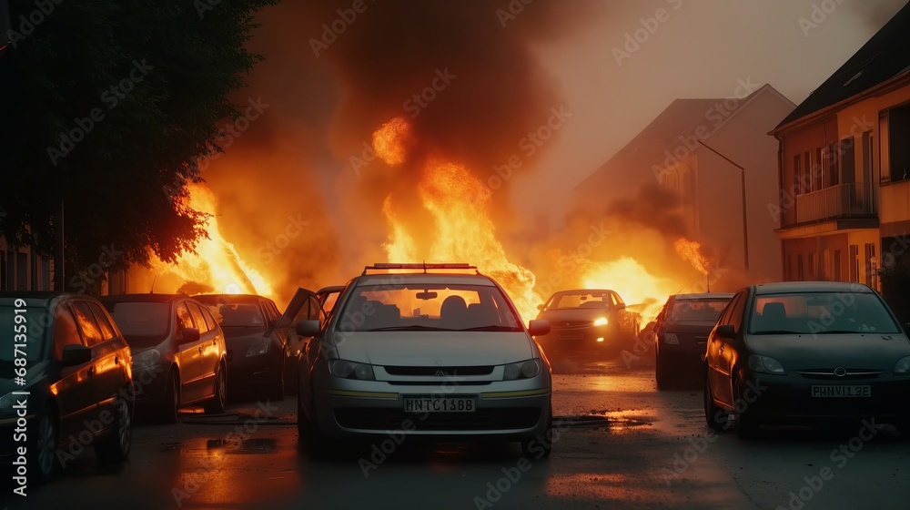 Urban inferno fire engulfs a small city, with burning cars, roads, and skyscrapers due to war or missile strike. Chaotic scene of city engulfed in flames and destruction of a large-scale urban fire. Urban inferno fire engulfs a small city, with burning cars, roads, and skyscrapers due to war or missile strike. Chaotic scene of city engulfed in flames and destruction of a large-scale urban fire.