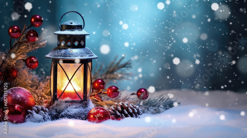 a lantern with a lit candle and a Christmas ornament placed in the snow. It s suitable for holiday-themed designs  greeting cards  and winter-themed promotions.. Winter Decoration new year