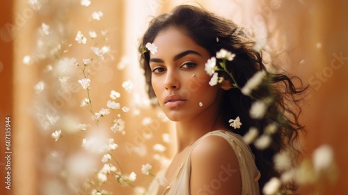 Brown woman surrounded of vanilla flowers looking at camera © Zanni