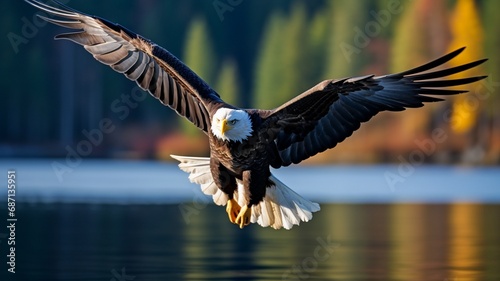 A close-up of a bald eagle in flight, its wings outstretched as it soars gracefully over a pristine lake