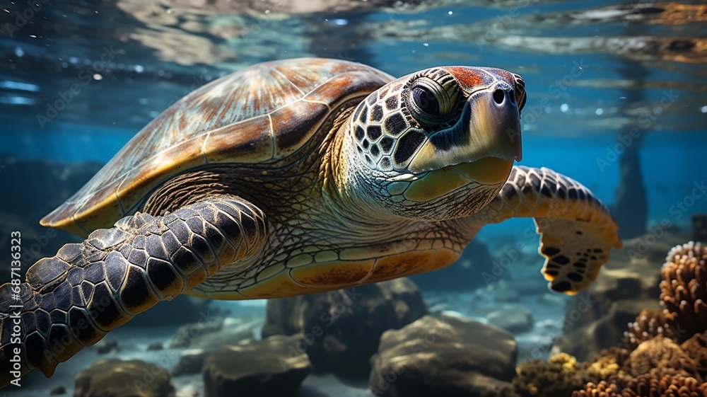 Fototapeta premium A close-up of a majestic sea turtle gracefully swimming through crystal-clear waters, surrounded by schools of shimmering fish in their underwater habitat