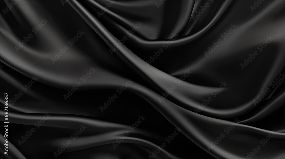 Fototapeta premium Abstract black background. black fabric texture background. black silk satin. Curtain. Luxury background for design. Shiny fabric. Wavy folds. 