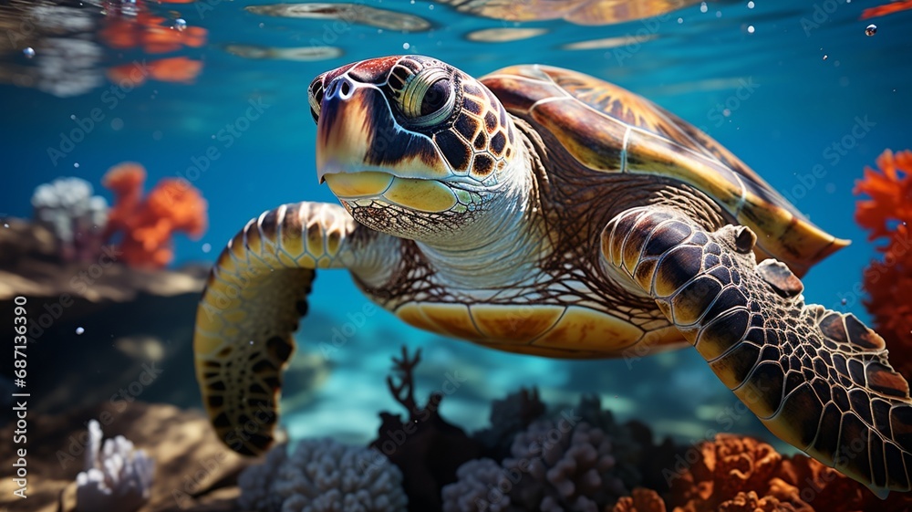 Obraz premium A close-up of a majestic sea turtle gracefully swimming through crystal-clear waters, surrounded by schools of shimmering fish in their underwater habitat