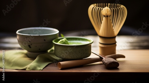  A close-up of a Japanese matcha green tea ceremony, with a bowl of frothy matcha and traditional utensils, capturing the art and culture of tea preparation