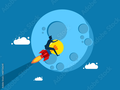 concept of dream mole. Businessman flies on a light bulb rocket to the moon. Vector