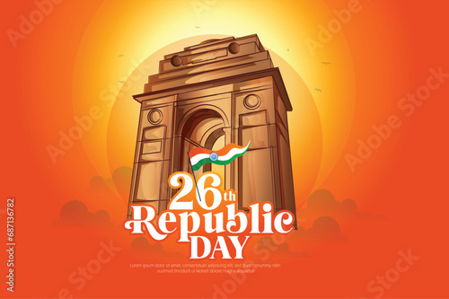 Happy Republic Day of India 26th January  celebration with flag , India gate  photo