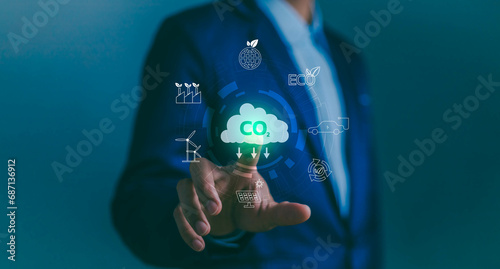 Greenhouse gas carbon reduce CO2 emissions to limit global warming and climate change, green environment energy neutral decarbonize technology recycle pollution, electric transport, offset planting. photo
