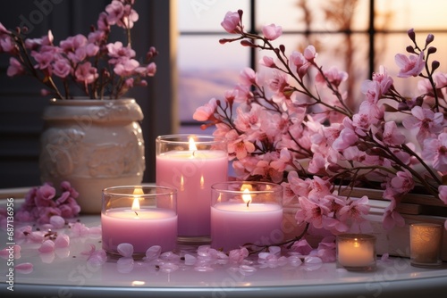  spa still life, pink candles and pink flowers in vase
