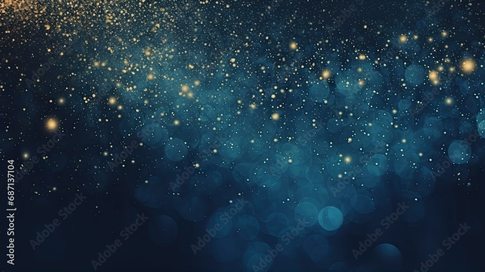 A close-up view of a blue and gold background with stars. Suitable for celestial, festive, or glamorous design projects such as invitations,  holiday-themed graphics.glitter lights. de focused. banner - obrazy, fototapety, plakaty 