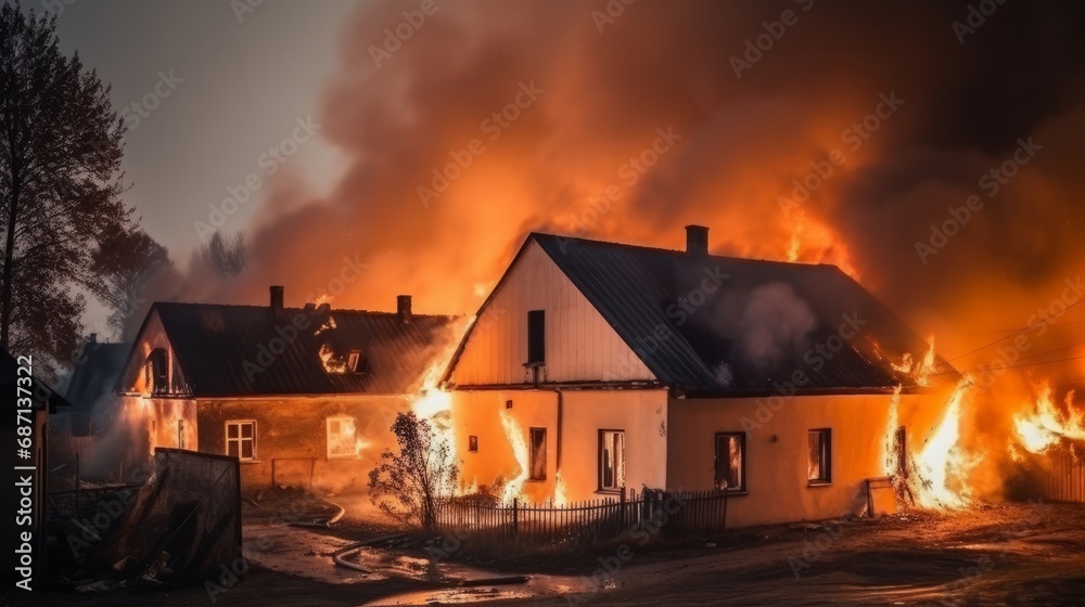 Urban inferno fire engulfs village, with burning cars, roads, and skyscrapers due to war or missile strike. Chaotic scene of city engulfed in flames and destruction of a large-scale urban fire.