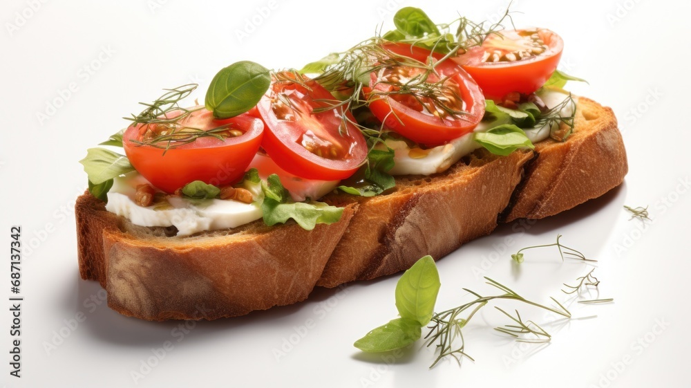 Open sandwich with mozarella cutout minimal isolated on white background. Template realistic sandwich, icon, detailed. Grocery product advertising. Homemade sandwich close up.