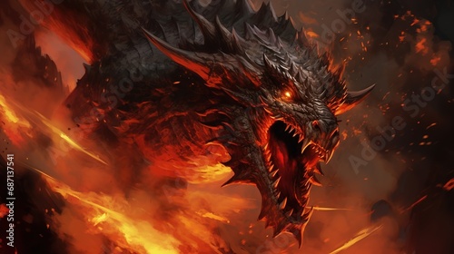 the dragon attacking with fire, fire dragon, extreme angle, highly detailed, contained chaos