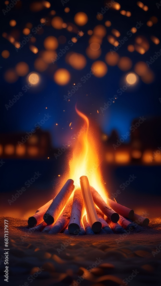 Lohri background with bonfire and lights. - obrazy, fototapety, plakaty 