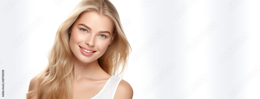 Portrait of young happy woman with blue eyes and nature blond hair. Skin care beauty, skincare cosmetics, dental concept, isolated over white background. Portrait of young happy woman with blue eyes and nature blond hair. Skin care beauty, skincare cosmetics, dental concept, isolated over white background.