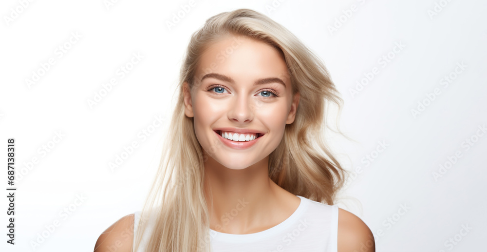 Portrait of young happy woman with blue eyes and nature blond hair. Skin care beauty, skincare cosmetics, dental concept, isolated over white background. Portrait of young happy woman with blue eyes and nature blond hair. Skin care beauty, skincare cosmetics, dental concept, isolated over white background.