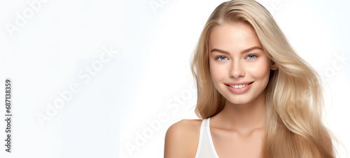 Portrait of young happy woman with blue eyes and nature blond hair. Skin care beauty, skincare cosmetics, dental concept, isolated over white background.