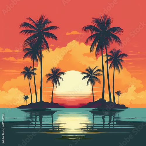 a serene beach sunset with minimalistic palm tree silhouettes.