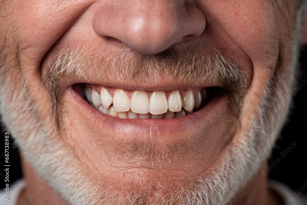Fototapeta premium White teeth of an elderly man with gray stubble. Close-up.