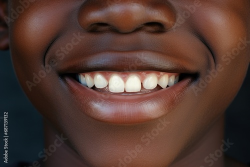 White teeth of a black boy  close-up.