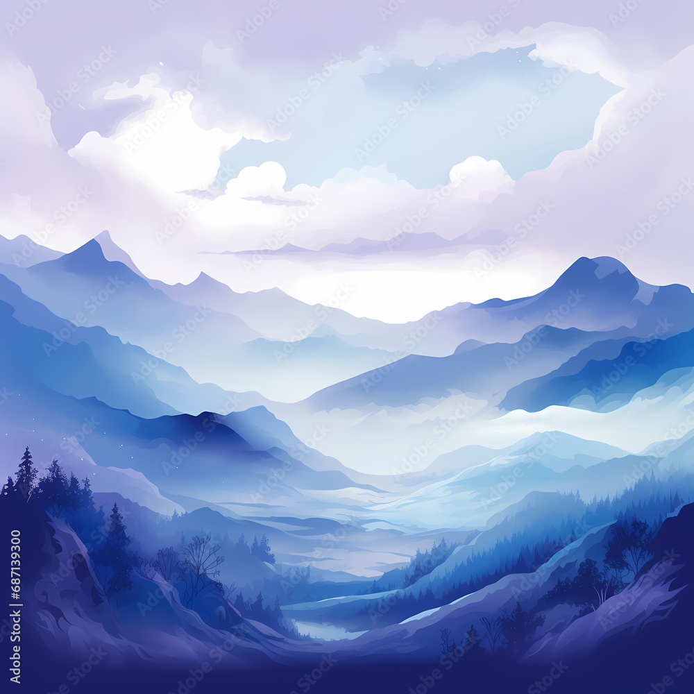 a calming mountain landscape with subtle shades of blue and purple.