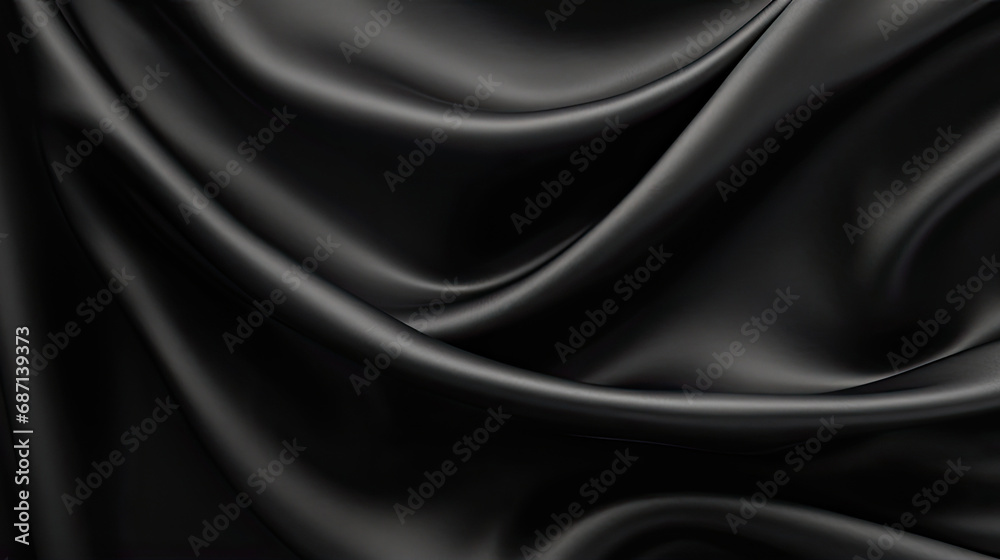 Abstract. Black silk satin texture background. Curtain, drapery. Beautiful soft folds on the fabric. Elegant luxury background with space for design. Abstract. Black silk satin texture background. Curtain, drapery. Beautiful soft folds on the fabric. Elegant luxury background with space for design.