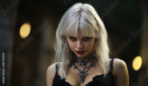 Beautiful blond woman in black dress and metal necklace looking intense at camera from under her brows photo