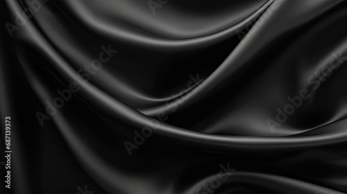 Abstract. Black silk satin texture background. Curtain, drapery. Beautiful soft folds on the fabric. Elegant luxury background with space for design.