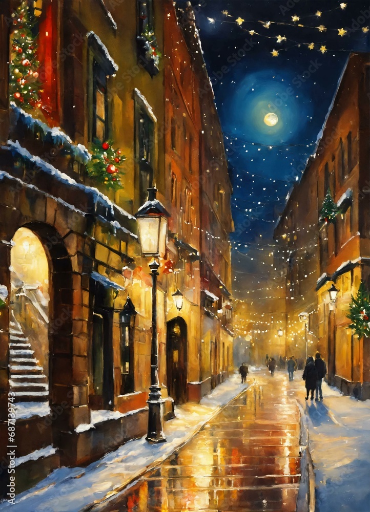 A watercolor painting, a narrow street decorated for Christmas, at night with a full moon