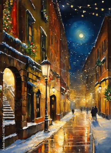 A watercolor painting, a narrow street decorated for Christmas, at night with a full moon © Victoria