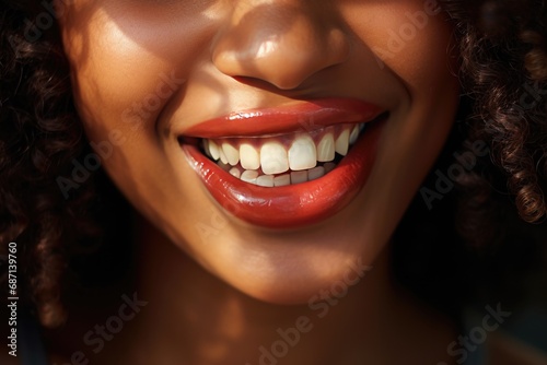 Macro close up of african female mouth.Open mouth showing perfect white teeth.