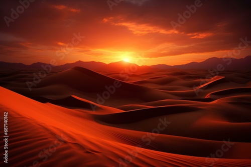 A red sunset in the desert, the rays of the sun among the dunes and sands.