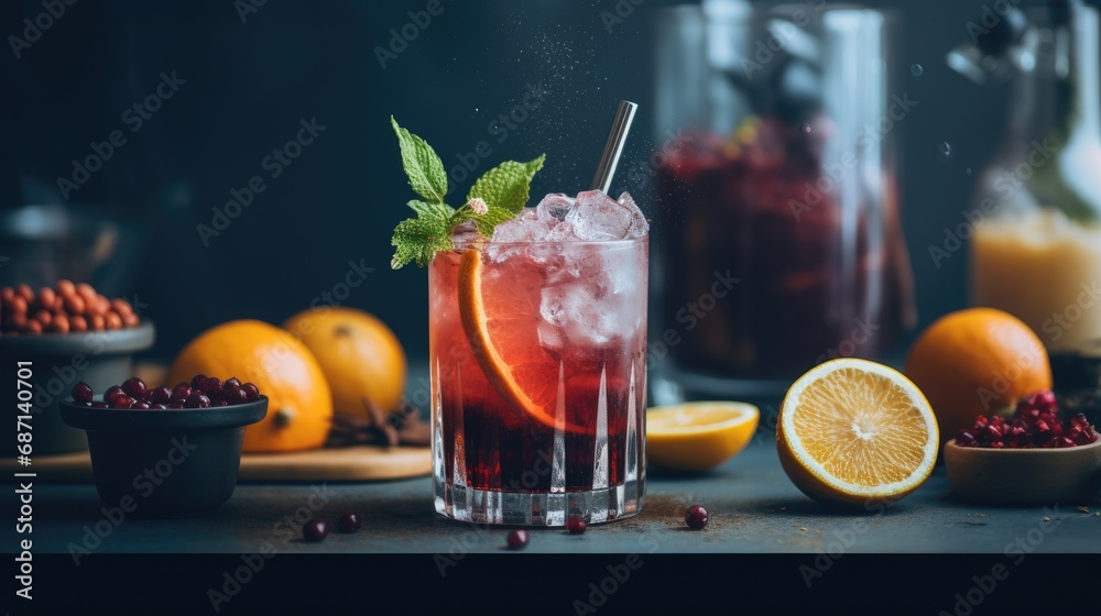 Lemon cocktail with crushed ice and mint in a jar - obrazy, fototapety, plakaty 