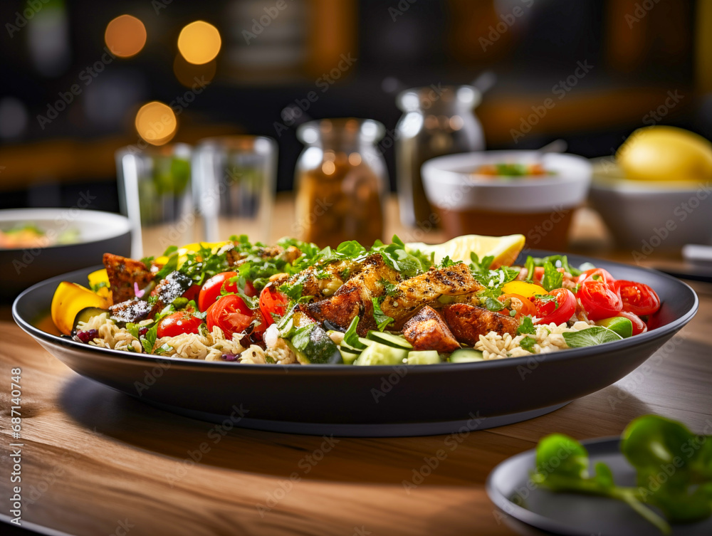 A home-cooked meal consisting of meat, potatoes and salad ingredients. A plate of food and setup on a wooden table. A home-cooked meal consisting of meat, potatoes and salad ingredients. A plate of food and setup on a wooden table.