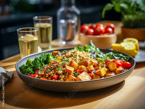 Buddha bowl with quinoa, tomatoes and salad on wooden table