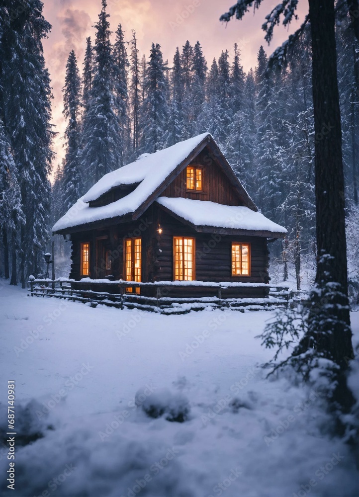 Photo, a wooden house in a winter forest, in the windows of which the sunset light is reflected
