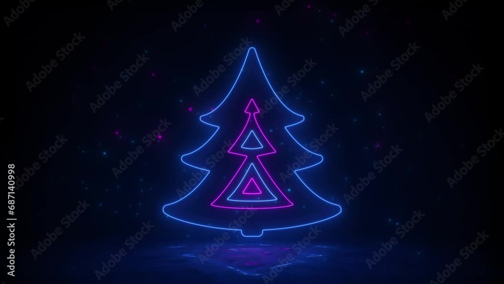 Neon christmas tree light effect. Futuristic christmas scene with neon snow and reflective floor. Vibrant color neon christmas tree seamless loop. Concept: New Year, Christmas, party, vj loop, podium