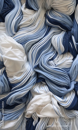 large stack of white and blue fabric rolls, art nouveau style, organic flowing lines