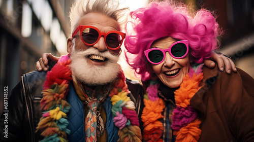 Happy, laughing elderly couple, dressed in psychedelic clothes in the style of 1970's. The concept of Healthy ageing
