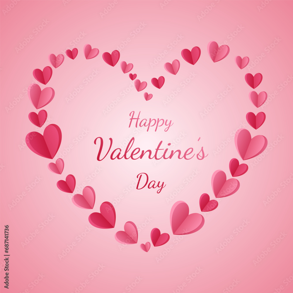 Valentine's day poster with pink paper hearts and clouds. Paper 3d style. Holiday card, vector illustration for your design. Vector EPS 10