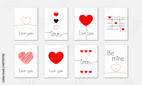 Set of vector greeting cards for Valentine's Day. Vector postcards with different illustrations on an isolated background. 8 white postcards with a declaration of love. Vector EPS 10