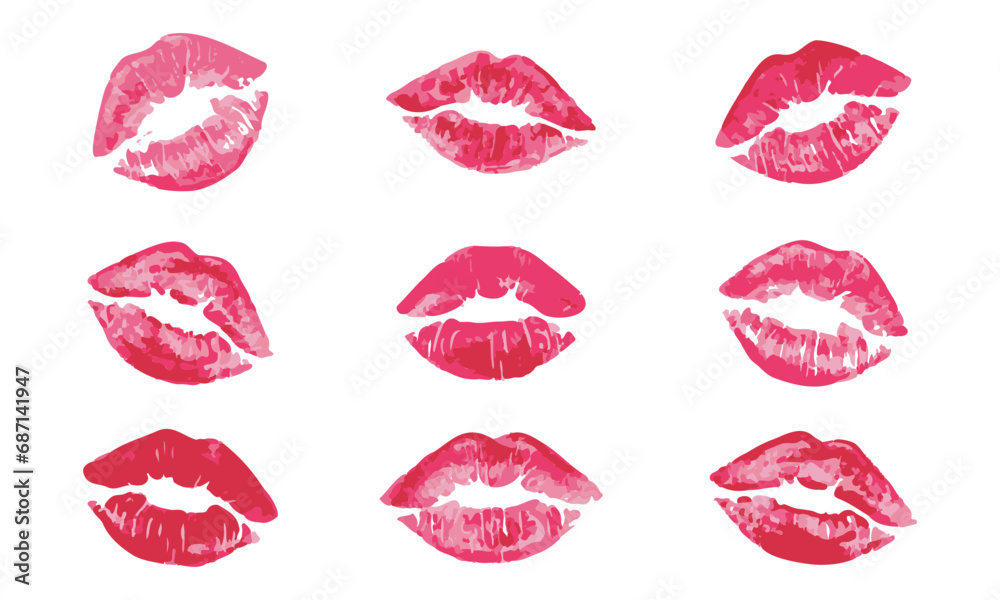Set imprint kiss lips on isolated background. Realistisch vector kiss in pink color. Human lips. Vector EPS 10 Set imprint kiss lips on isolated background. Realistisch vector kiss in pink color. Human lips. Vector EPS 10