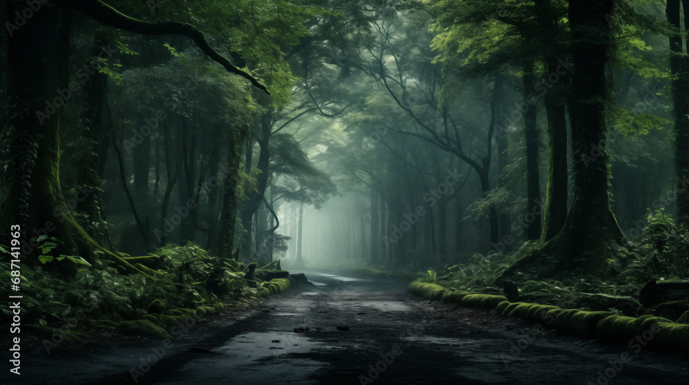 Mystic Pathway: Fog-Enshrouded Forest Road at Dawn