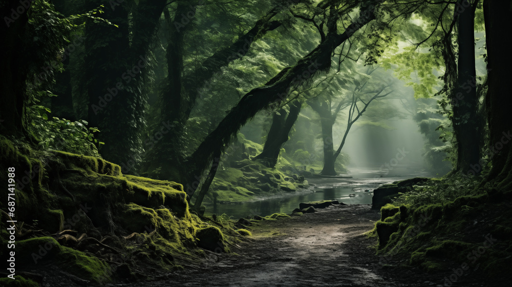 Verdant Veil: Sunlight Filtering through a Mossy Forest